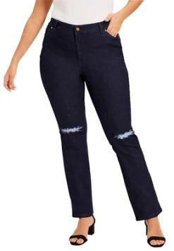 June + Vie By Roaman's Women’s Plus Size Curvie Fit Distressed Straight-Leg Jeans