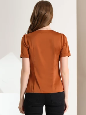 Allegra K Women's Satin Pleated Round Neck Button Front Puff Sleeve Office Blouse 4 Allegra K Women's Satin Pleated Round Neck Button Front Puff Sleeve Office Blouse - Image 4