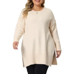 Agnes Orinda Women's Plus Size Oversized Crew Neck Long Sleeve Slit Hem Knit Pullover Sweater Tops 2023