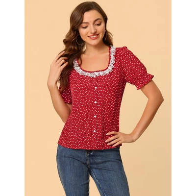 Allegra K Women's Square Neck Button Ruffle Sleeve Love Heart Printed Blouse Top 2 Allegra K Women's Square Neck Button Ruffle Sleeve Love Heart Printed Blouse Top - Image 2