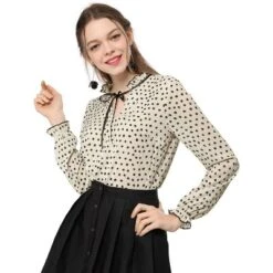 Allegra K Women's Bow Tie Neck Ruffled Collar Printed Long Sleeve Vintage Blouse