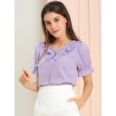 Allegra K Women's Tie V Neck Ruffle Neck Top Puff Sleeve Ruffle Cuff Casual Blouse 1 Allegra K Women's Tie V Neck Ruffle Neck Top Puff Sleeve Ruffle Cuff Casual Blouse