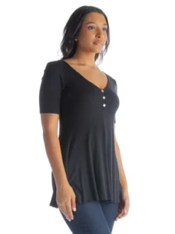 24seven Comfort Apparel Womens Short Sleeve Tunic Top With Button Detail