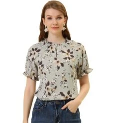 Allegra K Women's Floral Ruffled Short Sleeve Mock Neck Blouses -CUPSHE Store GUEST 62c2d62b 87dc 47e4 ae59 266eb961127d