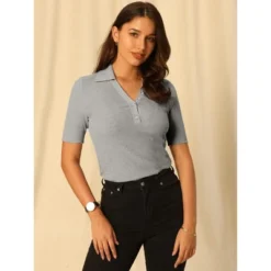 Hobemty Women's Flap Collar V Neck Short Sleeve Fitted Ribbed Knit Blouse