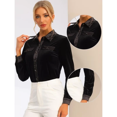 Allegra K Women's Point Collar Faux Pocket Long Sleeves Button Down Velvet Blouse 1 Allegra K Women's Point Collar Faux Pocket Long Sleeves Button Down Velvet Blouse