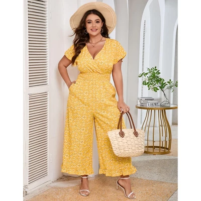 Coolmee Womens Plus Size Jumpsuits Vintage Short Flutter Sleeve Ruffled Hem Floral Printed Wide Leg V Neck Romper Long Jumpsuit 4XL Yellow Flowers 2 Coolmee Womens Plus Size Jumpsuits Vintage Short Flutter Sleeve Ruffled Hem Floral Printed Wide Leg V Neck Romper Long Jumpsuit 4XL Yellow Flowers - Image 2