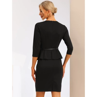 Allegra K Women's Pencil Knee Length 3/4 Sleeve Belted Work Peplum Sheath Dress 3 Allegra K Women's Pencil Knee Length 3/4 Sleeve Belted Work Peplum Sheath Dress - Image 3