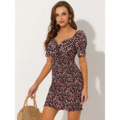 Allegra K Women's Puff Short Sleeve Sweetheart Neck Floral Smocked Bodycon Mini Dress