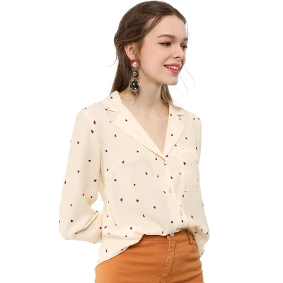 Allegra K Women's Heart Polka Dots Button Up Notched Lapel V Neck Shirts 1 Allegra K Women's Heart Polka Dots Button Up Notched Lapel V Neck Shirts