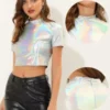 Allegra K Women's Party Short Sleeve Mock Neck Metallic Crop Top