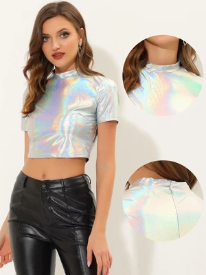 Allegra K Women's Party Short Sleeve Mock Neck Metallic Crop Top 1 Allegra K Women's Party Short Sleeve Mock Neck Metallic Crop Top