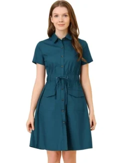 Allegra K Women's Point Collar Front Elastic Waist Drawstring Above Knee Shirt Dress With Pocket -CUPSHE Store GUEST 7512c0c8 f269 4921 af9e 19c9ac8737dc