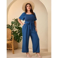Women's Plus Size Wide Leg Floral Jumpsuits Casual Summer Outfits With Belt Bell Sleeve Smocked Peacock Blue 5XL