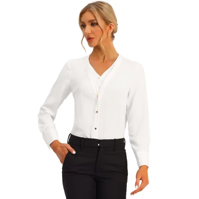 Allegra K Women's V Neck Classic Office Long Sleeves Button Down Shirts 5 Allegra K Women's V Neck Classic Office Long Sleeves Button Down Shirts - Image 5