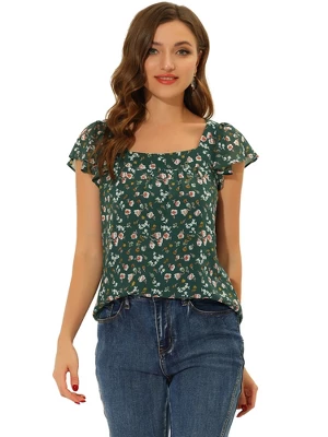 Allegra K Women's Chiffon Ruffle Sleeve Square Neck Floral Print Layered Blouse 16 Allegra K Women's Chiffon Ruffle Sleeve Square Neck Floral Print Layered Blouse - Image 16