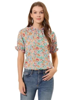 Allegra K Women's Floral Ruffled Short Sleeve Mock Neck Blouses -CUPSHE Store GUEST 7984726e 4ed9 432e bd29 fcc85ecfabe4