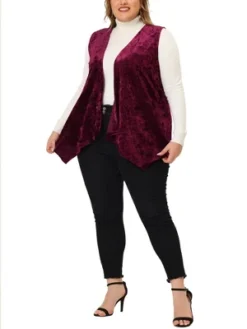 Agnes Orinda Plus Size Velvet Cardigan For Women Fashion Vests Asymmetric Hem Open Front Vest
