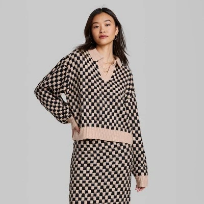 Women's Ascot + Hart Collared Checkered Long Sleeve Graphic T-Shirt 1 Women's Ascot + Hart Collared Checkered Long Sleeve Graphic T-Shirt