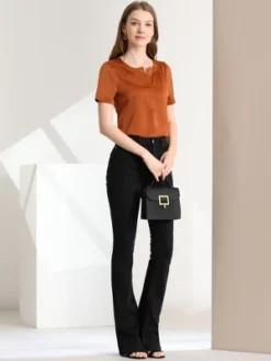 Allegra K Women's Satin Pleated Round Neck Button Front Puff Sleeve Office Blouse