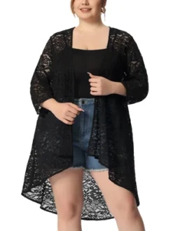 Agnes Orinda Women's Plus Size Lace Sheer High Low 3/4 Sleeve Open Front Cardigan -CUPSHE Store GUEST 7d1e155e be4d 4174 a38a fd0d41ca423e