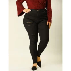 Agnes Orinda Women's Plus Size Mid Rise Zip Fly Skinny Ripped Jeans