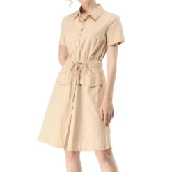 Allegra K Women's Point Collar Front Elastic Waist Drawstring Above Knee Shirt Dress With Pocket
