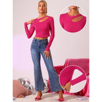 Allegra K Women's Casual Long Sleeve Cut Out Slim Fitted Basic Crop Tops 1 Allegra K Women's Casual Long Sleeve Cut Out Slim Fitted Basic Crop Tops