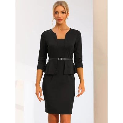 Allegra K Women's Pencil Knee Length 3/4 Sleeve Belted Work Peplum Sheath Dress 1 Allegra K Women's Pencil Knee Length 3/4 Sleeve Belted Work Peplum Sheath Dress