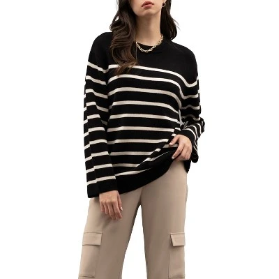 August Sky Women's Crew Neck Relaxed Fit Stripe Knit Sweater 7 August Sky Women's Crew Neck Relaxed Fit Stripe Knit Sweater - Image 7