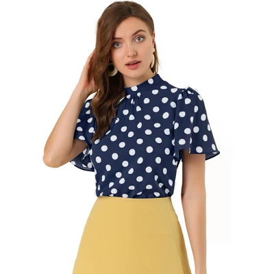 Allegra K Women's Polka Dots Stand Collar Pleat Keyhole Back Short Flare Sleeve Tops 8 Allegra K Women's Polka Dots Stand Collar Pleat Keyhole Back Short Flare Sleeve Tops - Image 8