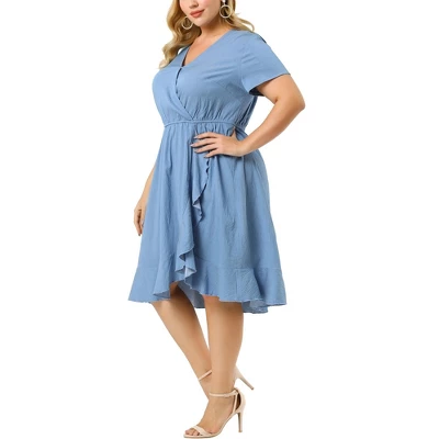 Agnes Orinda Women's Plus Size Faux Wrap Elastic Waist V Neck Chambray Ruffle Dress 6 Agnes Orinda Women's Plus Size Faux Wrap Elastic Waist V Neck Chambray Ruffle Dress - Image 6