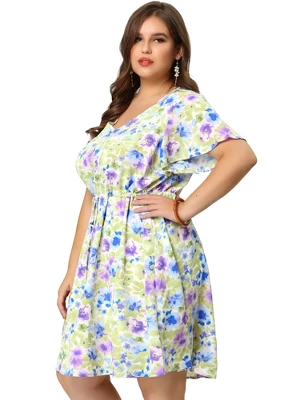 Agnes Orinda Women's Plus Dresses Floral Drawstring Waist V Neck Dress 3 Agnes Orinda Women's Plus Dresses Floral Drawstring Waist V Neck Dress - Image 3