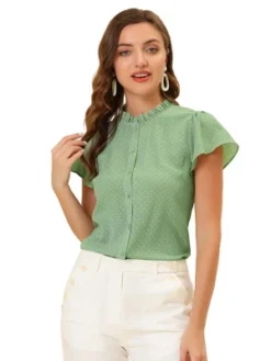 Allegra K Women's Dots Print Blouses Ruffle Short Sleeve Button Up Blouse Shirts -CUPSHE Store GUEST 895ac456 c749 4e9f be7e baf6bbe5ebcd