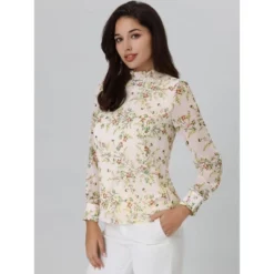 Hobemty Women's Ruffled Collar Pleated Front Long Sleeve Floral Blouse