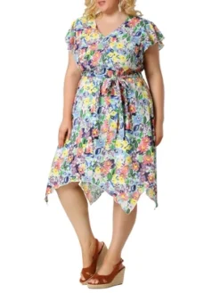 Agnes Orinda Women's Plus Size Floral Belted Ruffled Asymmetrical Hem Midi Dress -CUPSHE Store GUEST 8e401cd6 91d0 4b45 ae7b 99a1ce8c7114