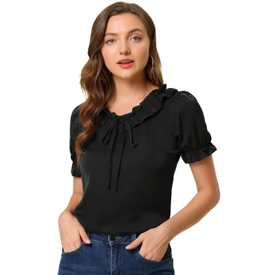 Allegra K Women's Tie V Neck Ruffle Neck Top Puff Sleeve Ruffle Cuff Casual Blouse 10 Allegra K Women's Tie V Neck Ruffle Neck Top Puff Sleeve Ruffle Cuff Casual Blouse - Image 10
