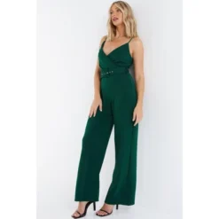 QUIZ Women's Scuba Crepe V Neck Belted Palazzo Jumpsuit