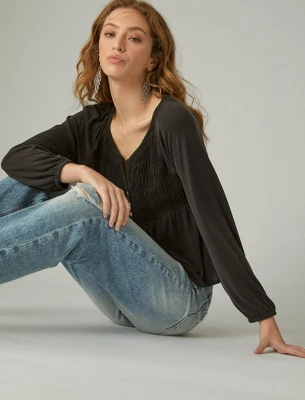 Lucky Brand Women's Long Sleeve Smocked Sandwash Top 5 Lucky Brand Women's Long Sleeve Smocked Sandwash Top - Image 5