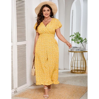Coolmee Womens Plus Size Jumpsuits Vintage Short Flutter Sleeve Ruffled Hem Floral Printed Wide Leg V Neck Romper Long Jumpsuit 4XL Yellow Flowers 1 Coolmee Womens Plus Size Jumpsuits Vintage Short Flutter Sleeve Ruffled Hem Floral Printed Wide Leg V Neck Romper Long Jumpsuit 4XL Yellow Flowers