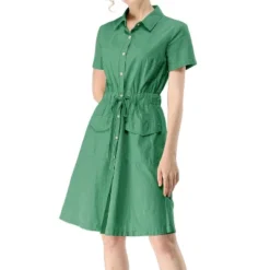 Allegra K Women's Point Collar Front Elastic Waist Drawstring Above Knee Shirt Dress With Pocket -CUPSHE Store GUEST 95ee59cd 6b9b 42cb 9776 4b35ef225a49