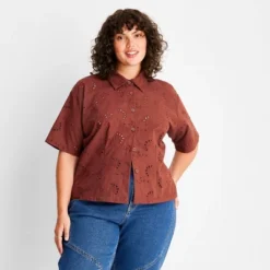 Women's Floral Print Short Sleeve Eyelet Button-Down Shirt - Future Collective™ With Reese Blutstein Rust -CUPSHE Store GUEST 97019f7c 8bb1 4167 9e15 d89ebae16312
