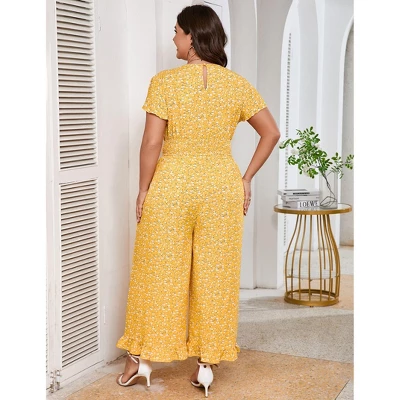 Coolmee Womens Plus Size Jumpsuits Vintage Short Flutter Sleeve Ruffled Hem Floral Printed Wide Leg V Neck Romper Long Jumpsuit 4XL Yellow Flowers 3 Coolmee Womens Plus Size Jumpsuits Vintage Short Flutter Sleeve Ruffled Hem Floral Printed Wide Leg V Neck Romper Long Jumpsuit 4XL Yellow Flowers - Image 3