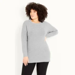 Women's Plus Size Pearl Trim Sweater - Gray | EVANS -CUPSHE Store GUEST a13e8d8d f88b 4fb4 ab89 452183a2c189
