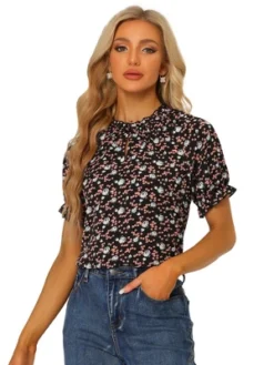 Allegra K Women's Floral Ruffled Short Sleeve Mock Neck Blouses -CUPSHE Store GUEST a2eaaf17 e1d9 4ff9 bcac 3703c33a7d0d