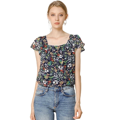 Allegra K Women's Chiffon Ruffle Sleeve Square Neck Floral Print Layered Blouse 7 Allegra K Women's Chiffon Ruffle Sleeve Square Neck Floral Print Layered Blouse - Image 7