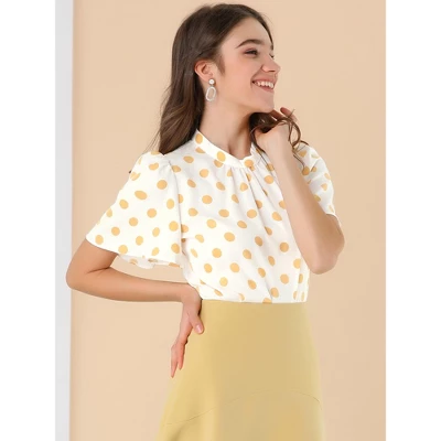 Allegra K Women's Polka Dots Stand Collar Pleat Keyhole Back Short Flare Sleeve Tops 1 Allegra K Women's Polka Dots Stand Collar Pleat Keyhole Back Short Flare Sleeve Tops