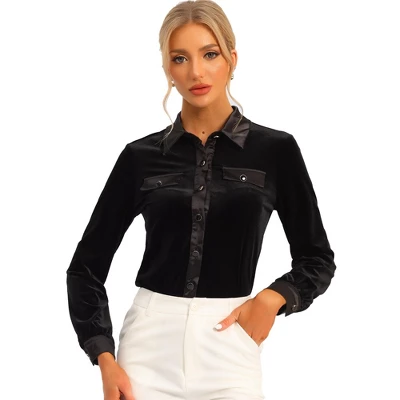 Allegra K Women's Point Collar Faux Pocket Long Sleeves Button Down Velvet Blouse 6 Allegra K Women's Point Collar Faux Pocket Long Sleeves Button Down Velvet Blouse - Image 6