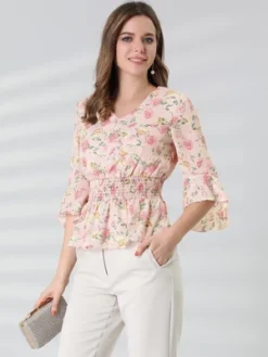 Allegra K Women's Chiffon Floral Blouse V-neck Flare Sleeve Spring Smock Waist Top