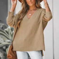 Women's V Neck Split Trim Oversized Sweater - Cupshe -Light Brown -CUPSHE Store GUEST b219a2a1 3771 4a5b 8273 5b8d440c0b38